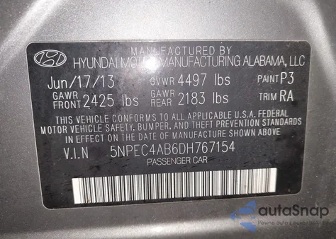 2013 Hyundai Sonata Se 2.0T z USA, uszkodzony, nr VIN 5NPEC4AB6DH767154